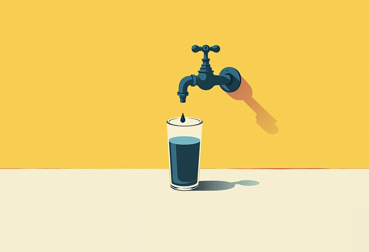 A dark blue faucet drips a droplet into a glass of dark water on a cream table, set against a yellow background.