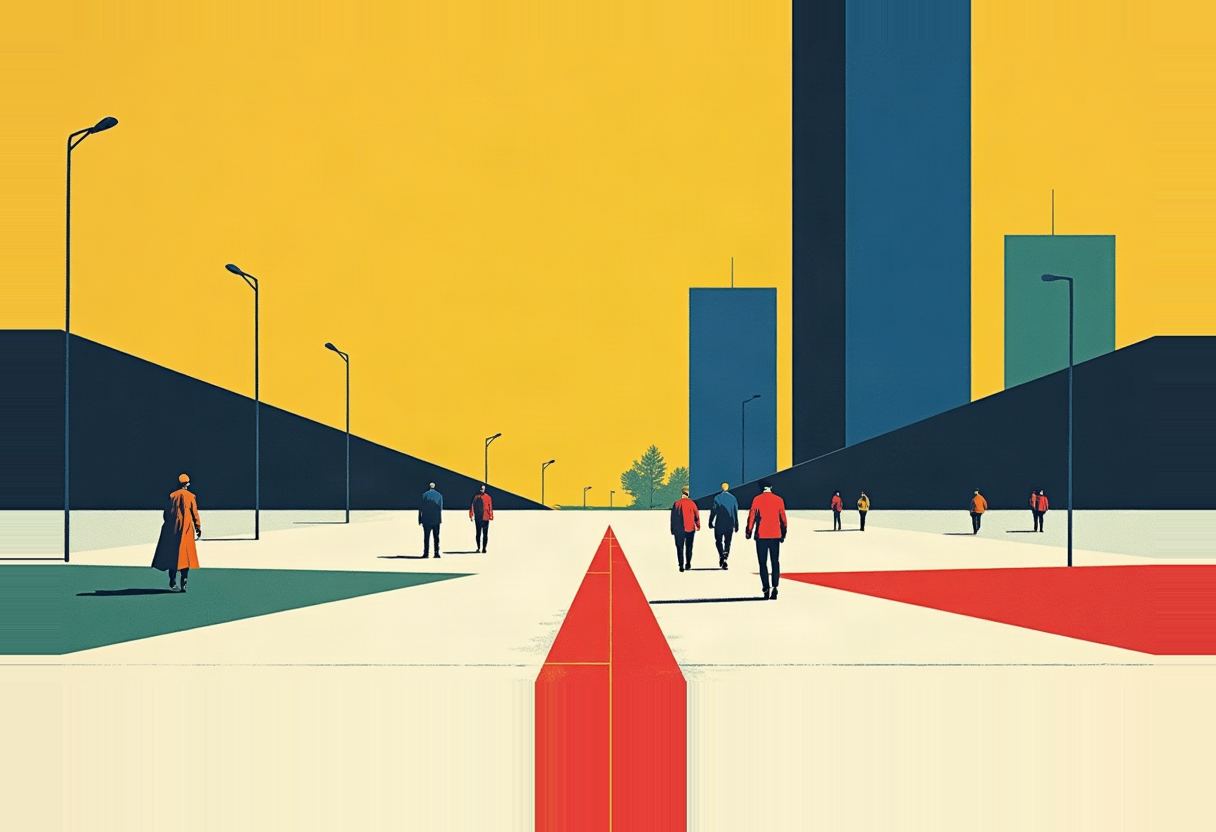 Small figures walk a wide plaza with a red arrow-shaped path toward three tall rectangular buildings under a flat yellow sky.