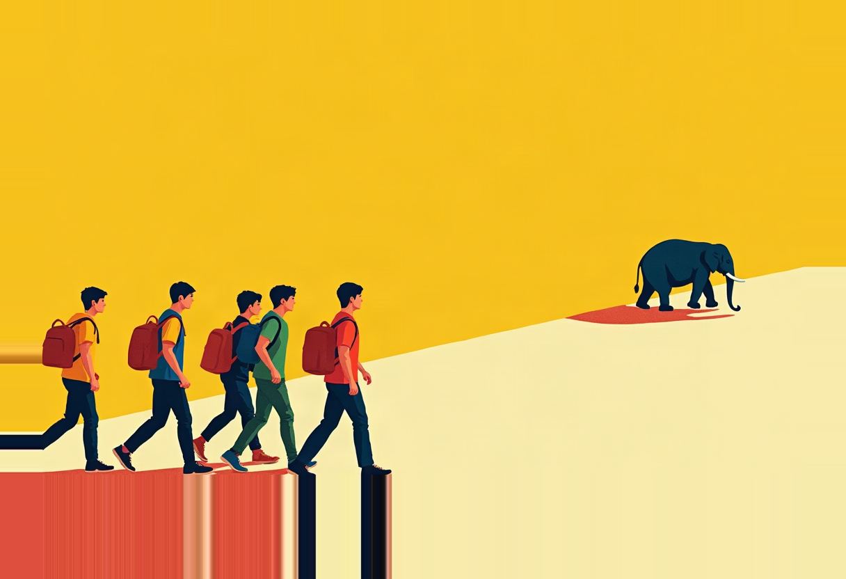 Five young men with backpacks walk left across a red ledge toward a pale slope where a dark elephant stands, on a yellow background.