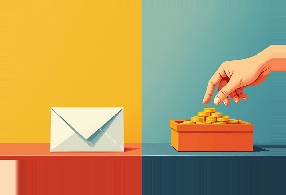 Split illustration: a closed envelope on a yellow-and-red background at left, a hand placing gold coins into an open orange box on a teal-and-blue background at right.