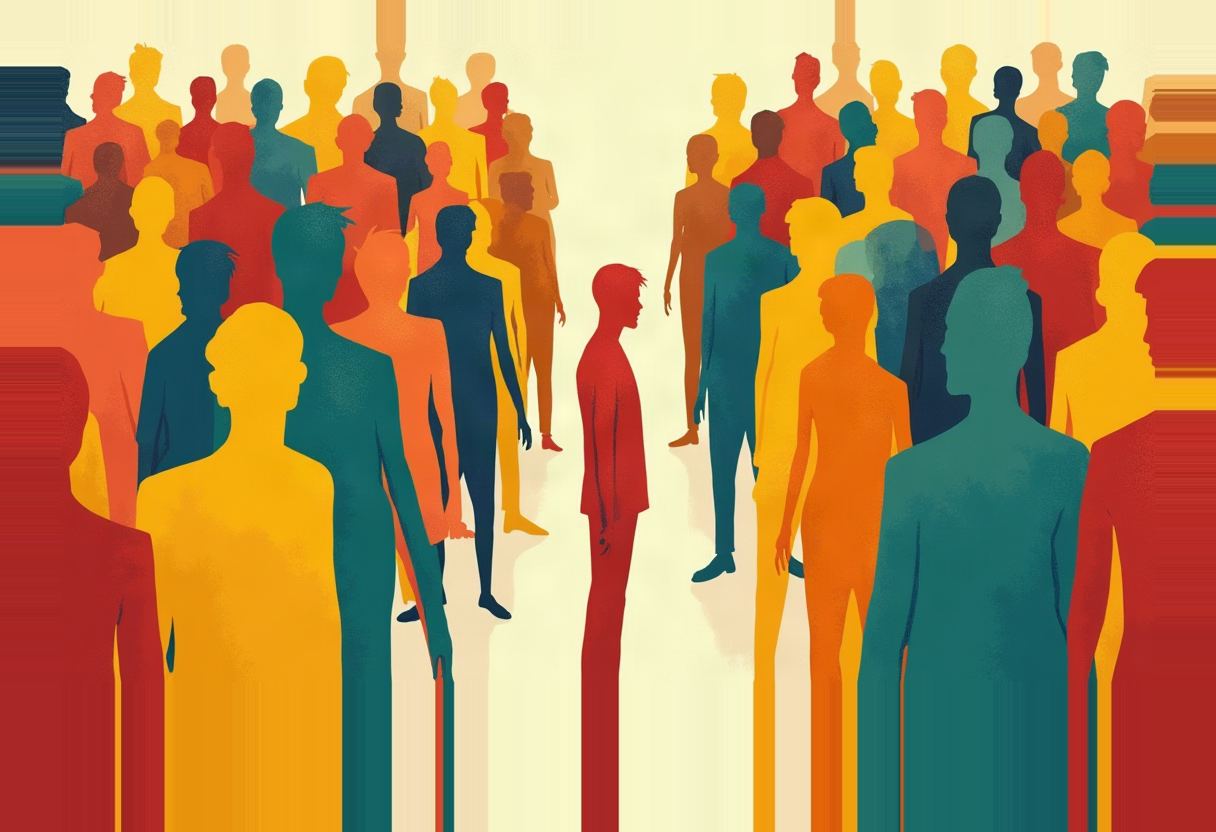 Flat illustration of two crowds of multicolored silhouetted figures facing each other, split by a gap with one red silhouette standing alone in the middle.