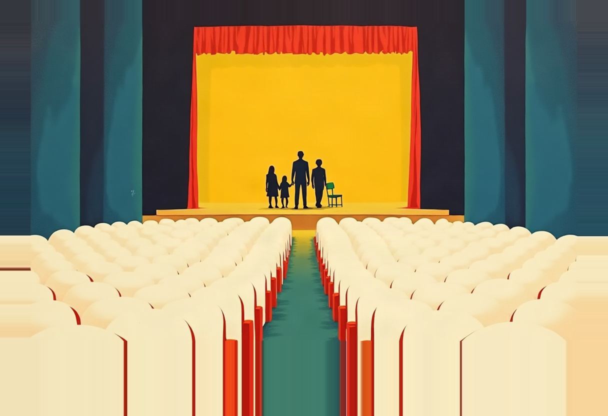 Four silhouetted figures hold hands on a stage with a small green chair, framed by a red curtain and yellow backdrop, facing empty cream-coloured theatre seats.
