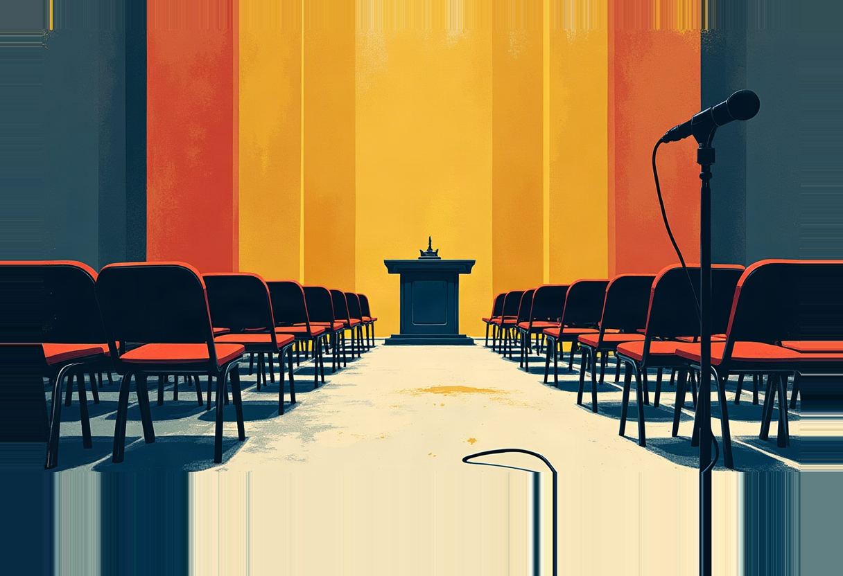 Empty red chairs flank a center aisle leading to a dark podium against orange-and-yellow striped drapes, with an unattended microphone stand and dropped cable in the foreground.