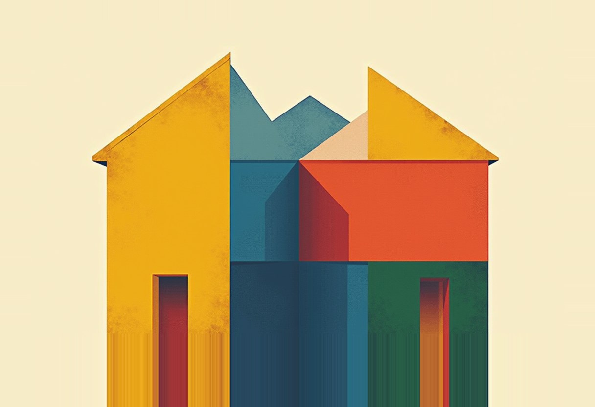 Flat-color geometric illustration of a house split into yellow, blue, orange, and green triangular and rectangular sections with two narrow doorways, on a cream background.