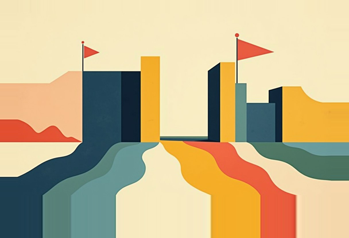 Two flat-illustration clusters of tall dark blue and yellow towers each topped with a red flag, with wavy blue, teal, yellow, red and beige stripes flowing beneath them like rivers on a cream background.