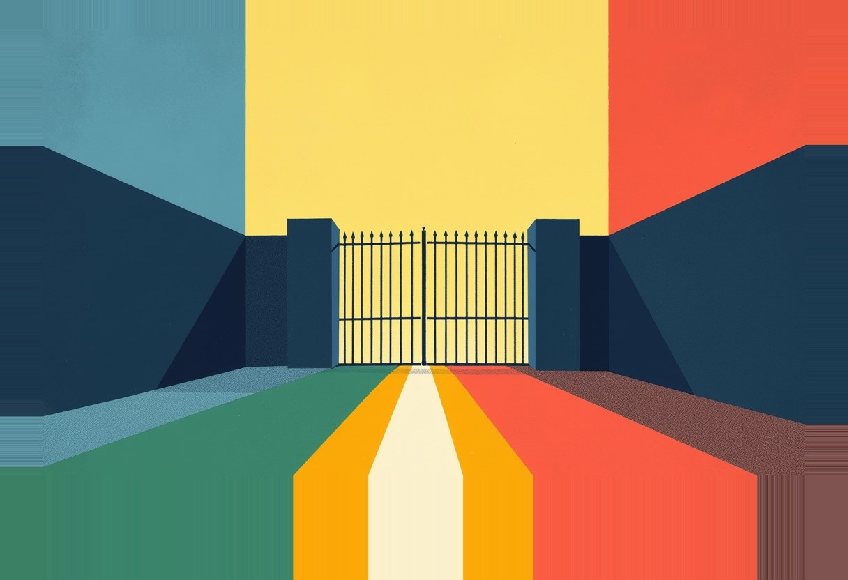 A closed black iron gate between two dark walls, with a striped green, orange, cream, and red path leading up to it under a blue, yellow, and red sky.