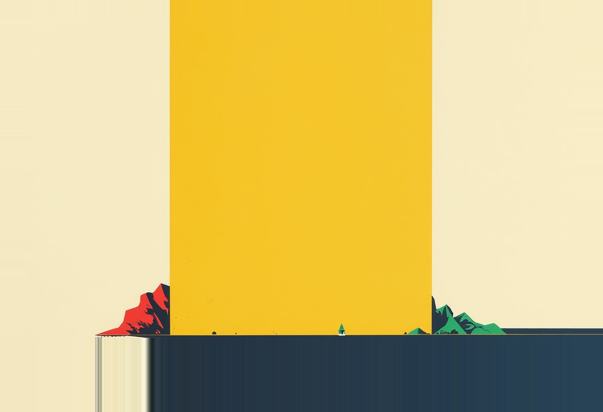 A tall yellow rectangular block stands between a red mountain range on the left and a green one on the right, above a dark blue horizontal band, with a tiny figure standing at its base.