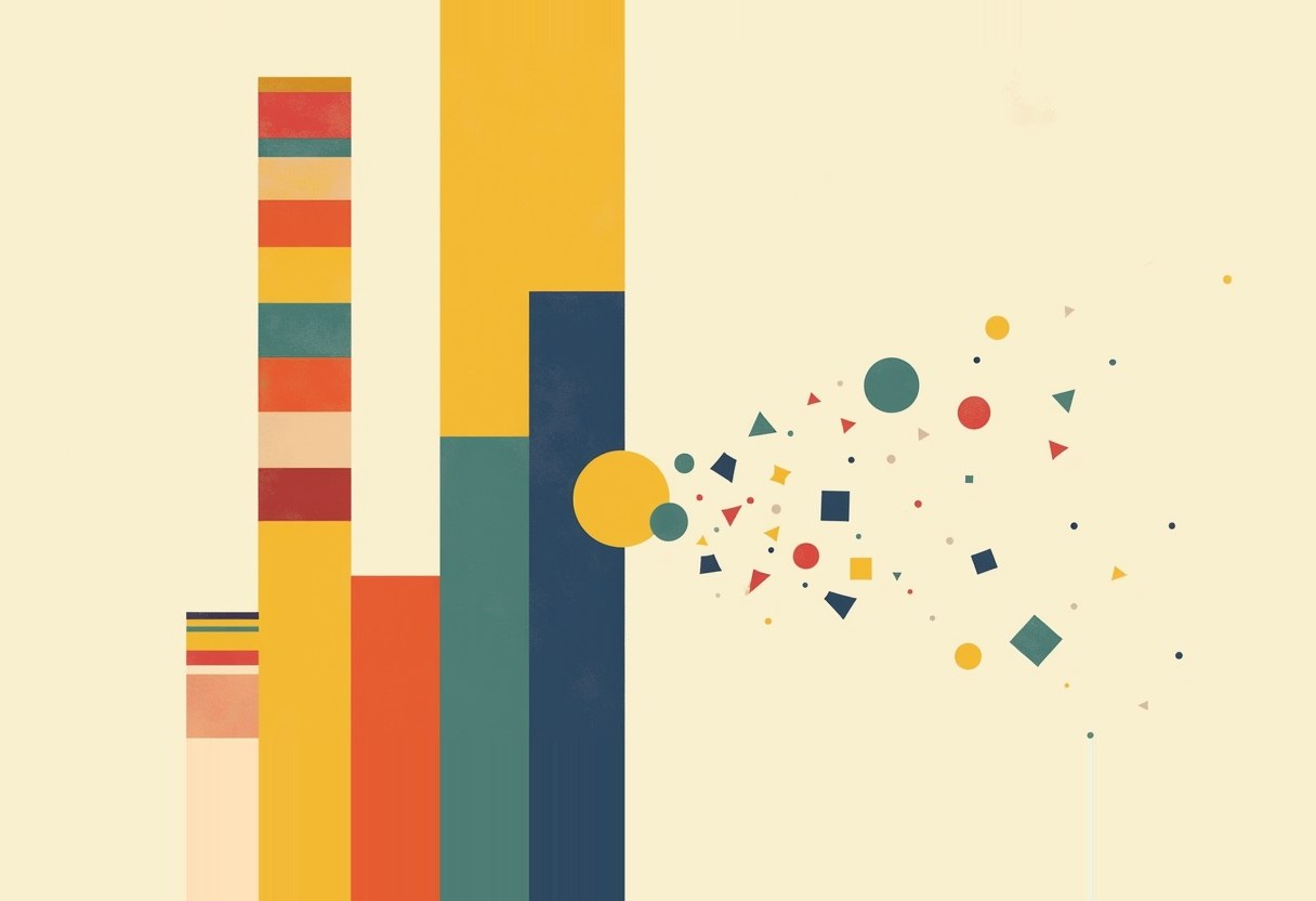 Tall striped and solid bar shapes in yellow, teal, red, and navy stand at left, breaking apart on the right into scattered small circles, triangles, squares, and diamonds against a cream background.