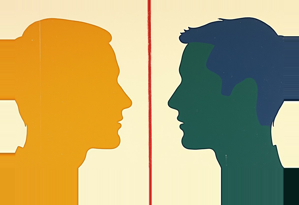 Two profile silhouettes face each other across a vertical red line, one solid orange on the left, the other with dark green face and navy blue hair on the right, against a cream background.