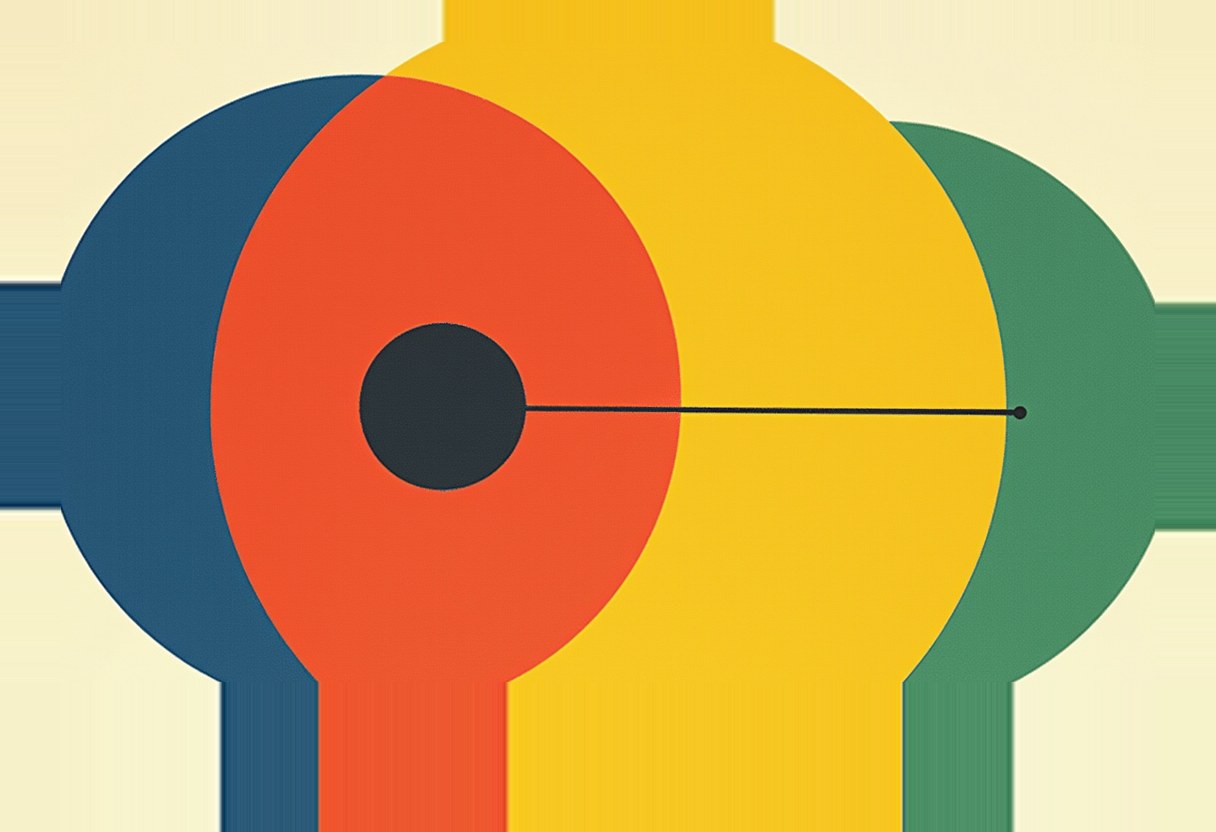Overlapping blue, orange, yellow, and green circles on cream, with a thin line running from a dark central dot to a smaller dot at the right edge.
