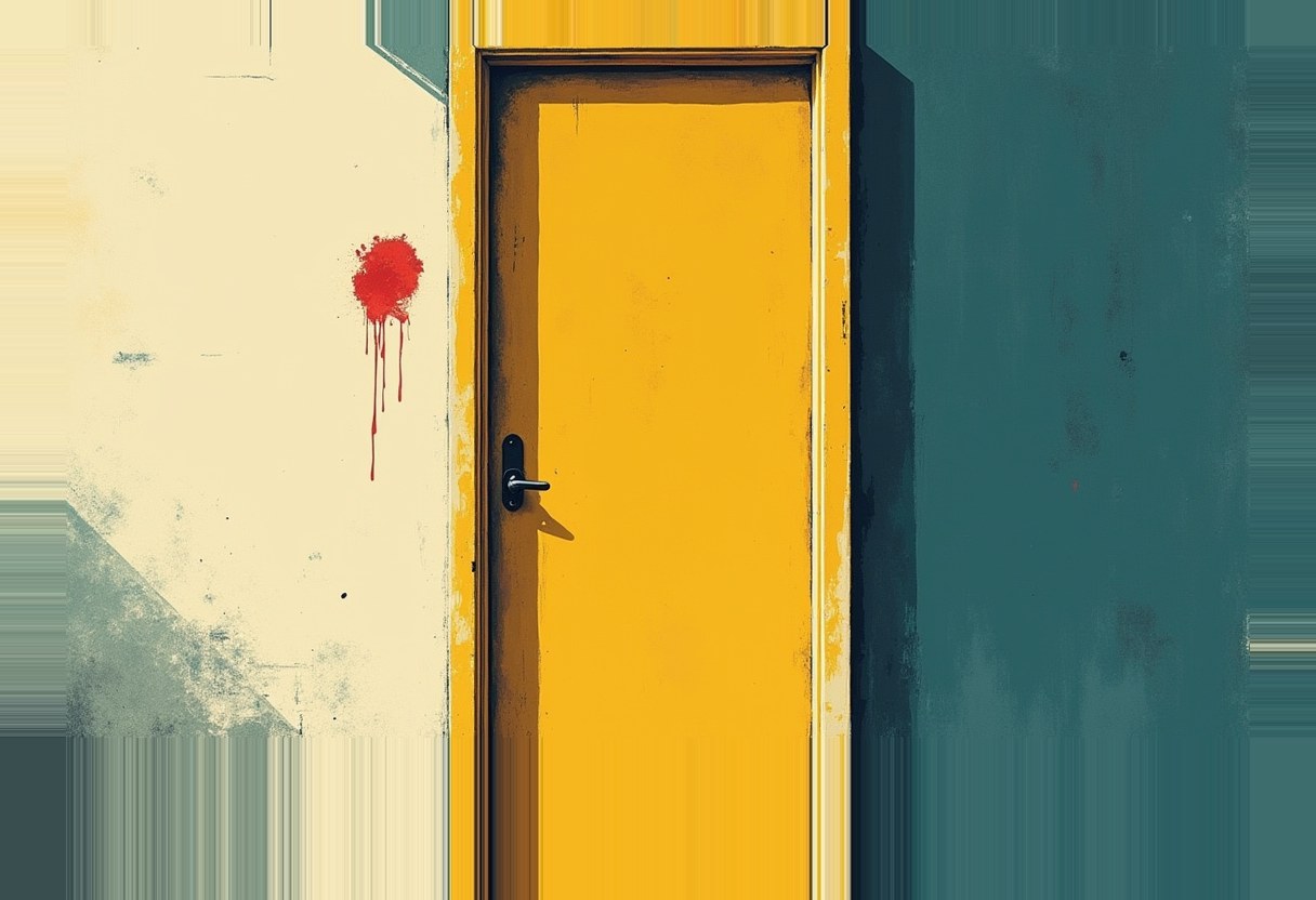 A closed yellow door with a black handle stands between a cream wall with a dripping red paint splatter and a dark teal wall.