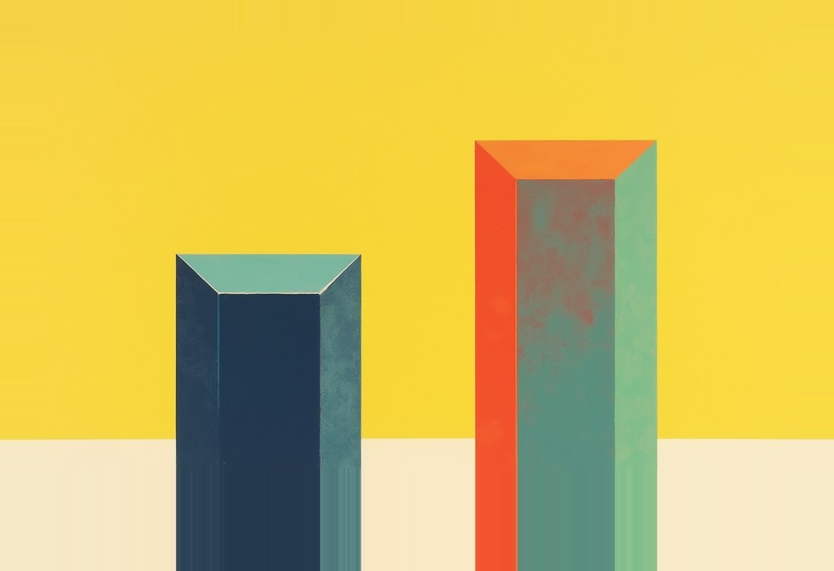 Two tall rectangular pillars of unequal height, one dark blue-green and one orange-red with a mottled green face, against a yellow and pale cream background.