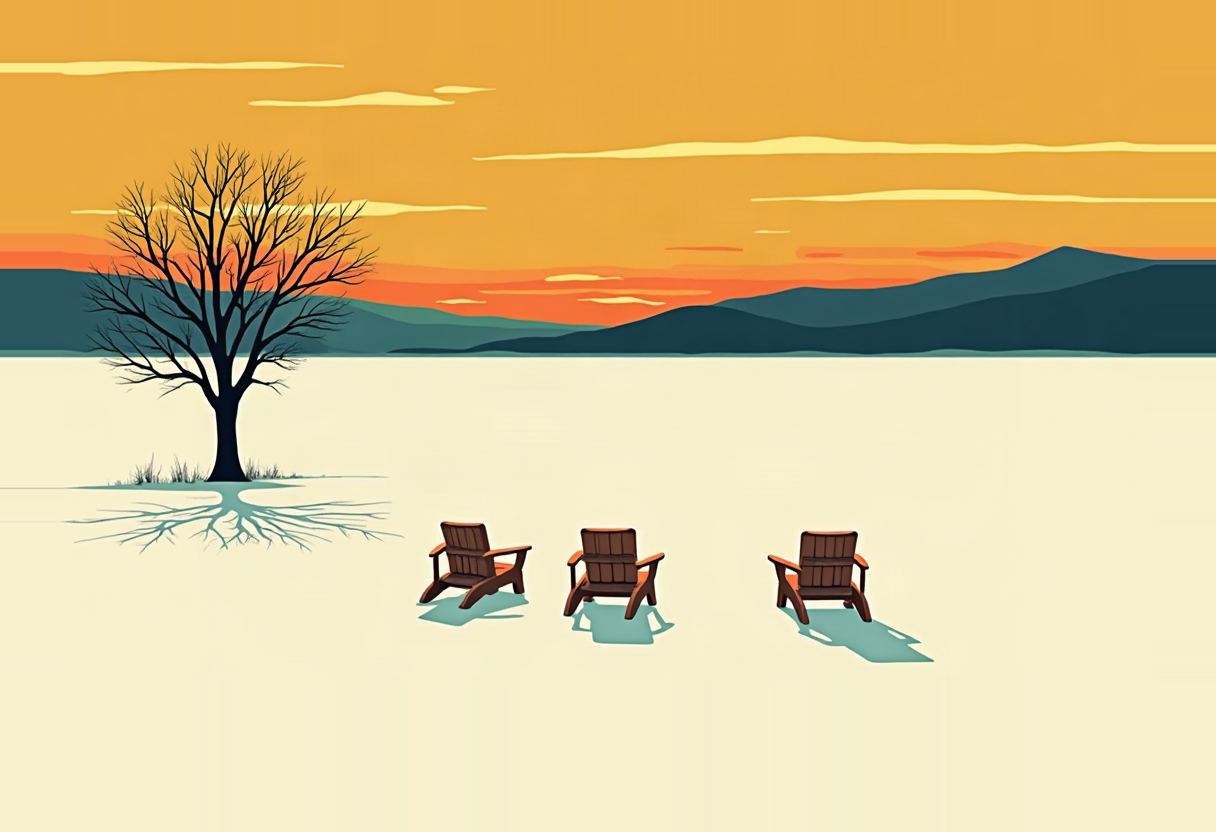 A bare, black silhouetted tree with visible roots stands beside three empty brown wooden lounge chairs on a pale beach, facing an orange-and-teal sunset over distant mountains.