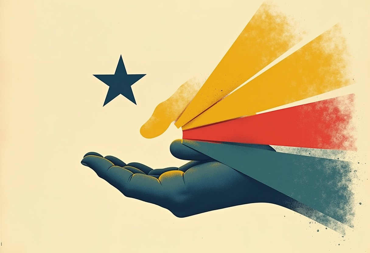 Editorial illustration of a star insignia passed hand to hand, fracturing into seven blank overlapping nameplates