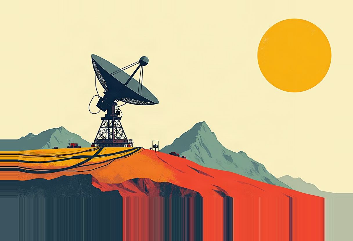 A large dark satellite dish on a tower sits atop an orange-and-red hill with tangled cables, pale green mountains and a large orange sun behind it, the hillside breaking into vertical red streaks at the bottom edge.