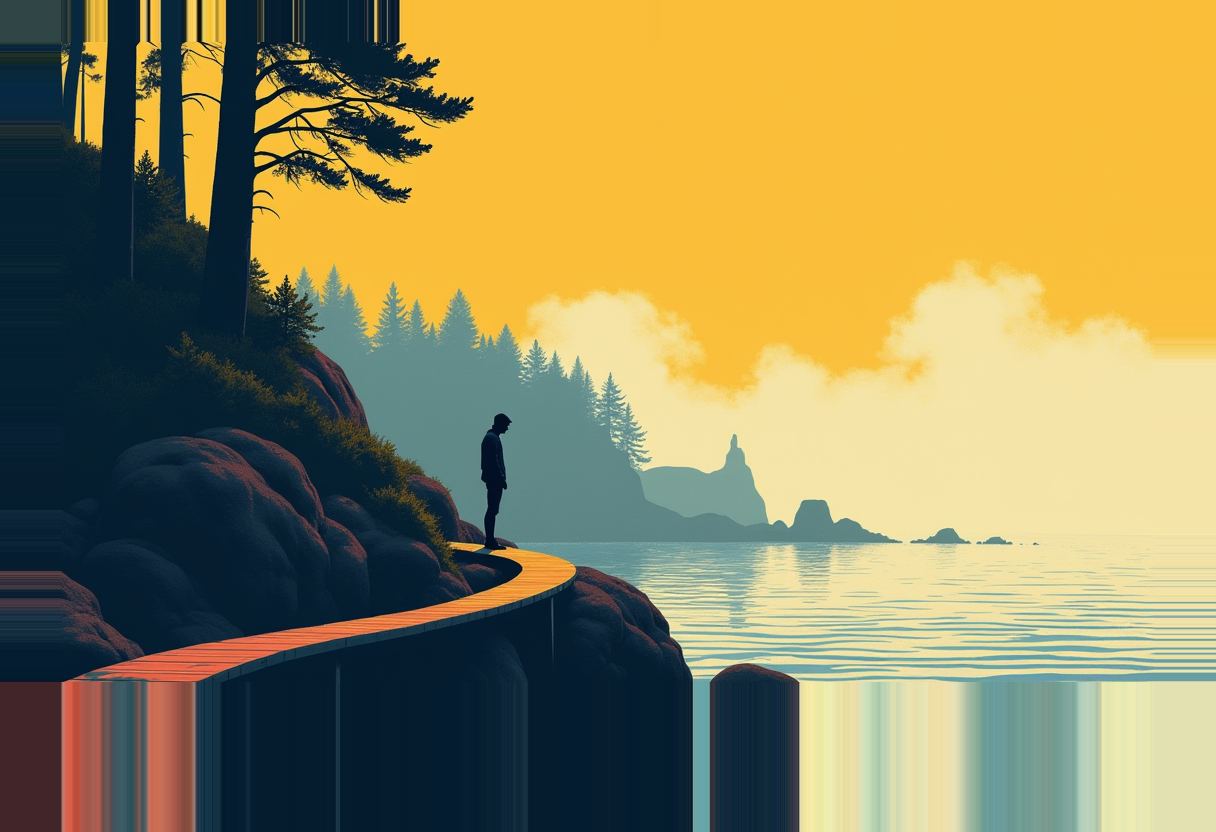 A silhouetted figure stands at the end of an orange boardwalk jutting from a pine-covered cliff over calm water, under a flat yellow-orange sky.