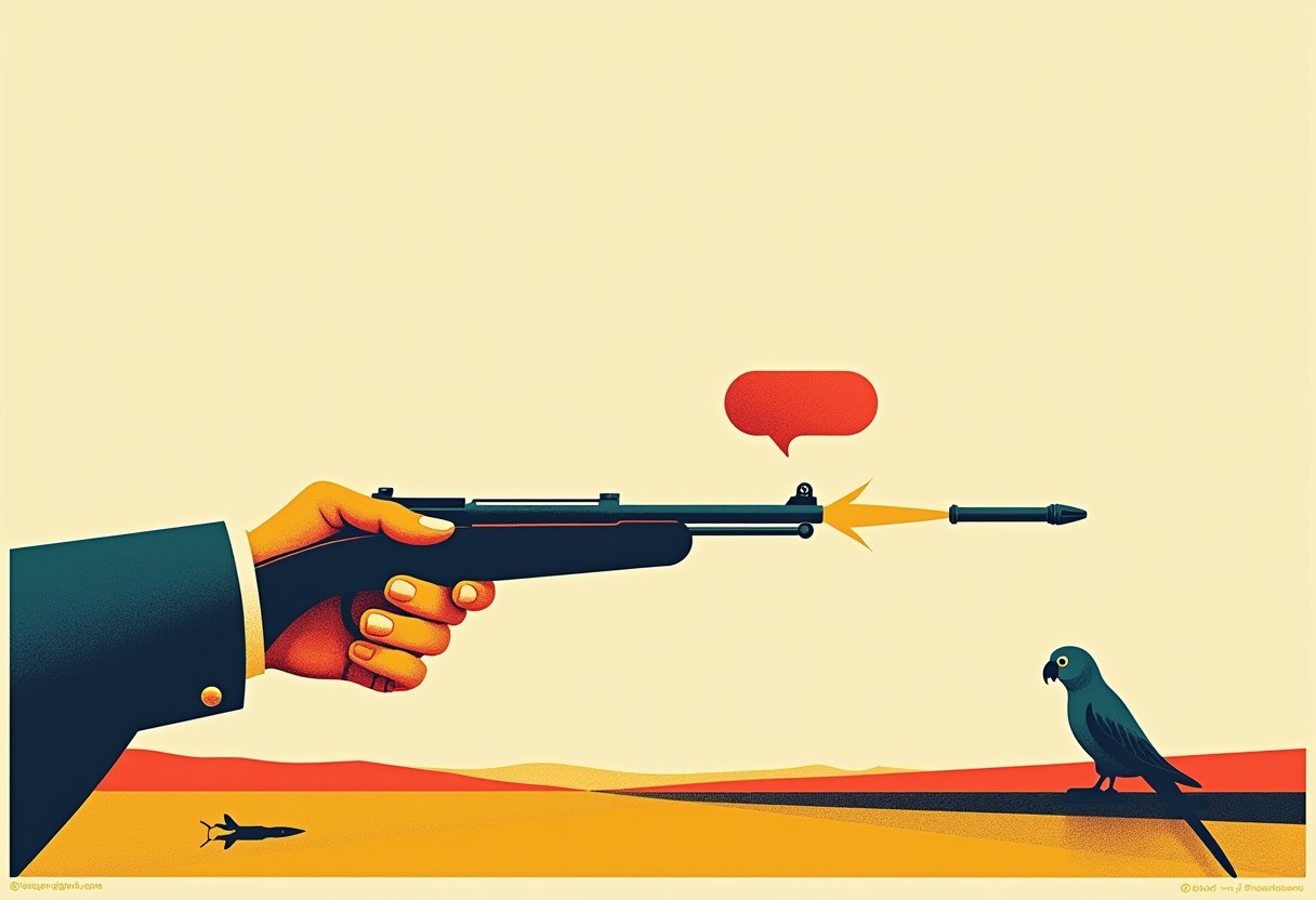 Editorial illustration: a hand holds a rifle whose trigger meets a red chat speech-bubble while a projectile flies from the barrel, a parrot silhouette watching from a low ridge — the act of firing caught between human and machine.