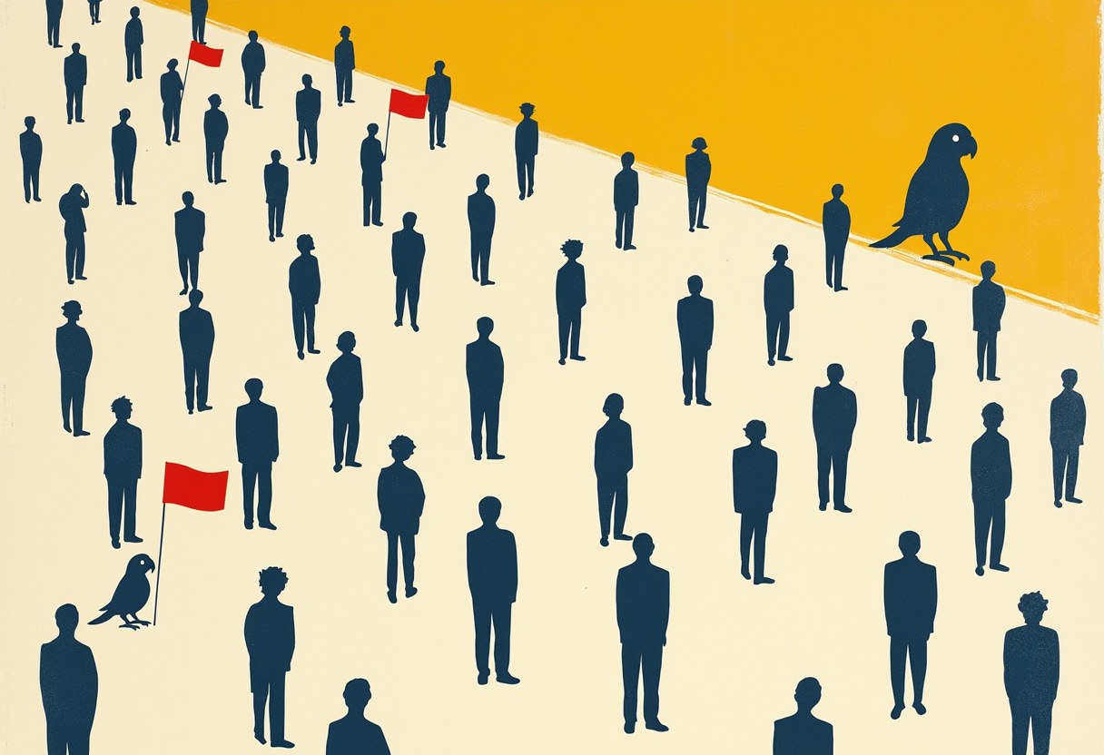 Editorial illustration: a crowd of identical dark navy human silhouettes standing on a warm off-white ground, a few of them singled out by a small vermilion-red flag-marker, while a parrot silhouette watches from the upper-right edge.