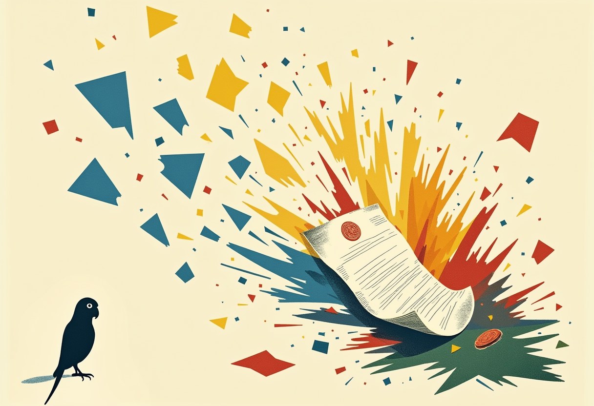 Editorial illustration: a single sheet of paper bearing an embossed seal and blank ruled lines bursts into many jagged, multicolored fragments scattering in all directions, while a parrot silhouette watches from the lower-left corner.
