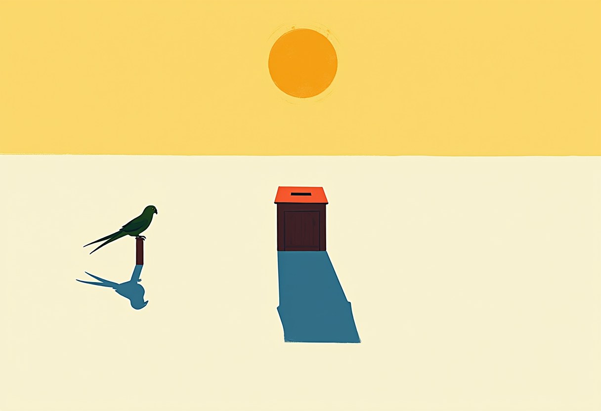 Editorial illustration: a low golden sun over a single closed ballot box that casts one long blue shadow across pale ground, with a parrot perched on a post in the foreground margin, watching.