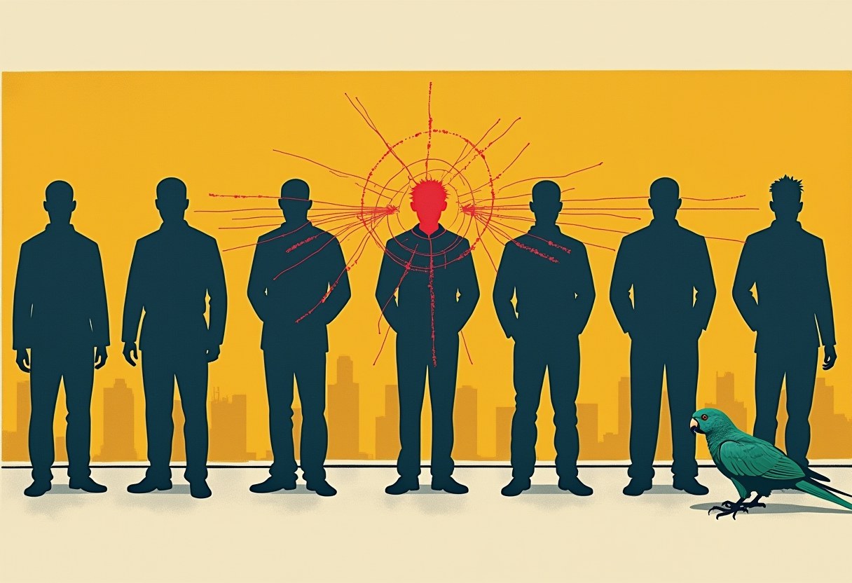 Editorial illustration: a row of identical dark head-and-shoulder silhouettes in a police lineup against a golden-yellow ground; the central figure is singled out in vermilion red and laced with a radiating web of facial-recognition points, while a small parrot silhouette watches from the lower margin.