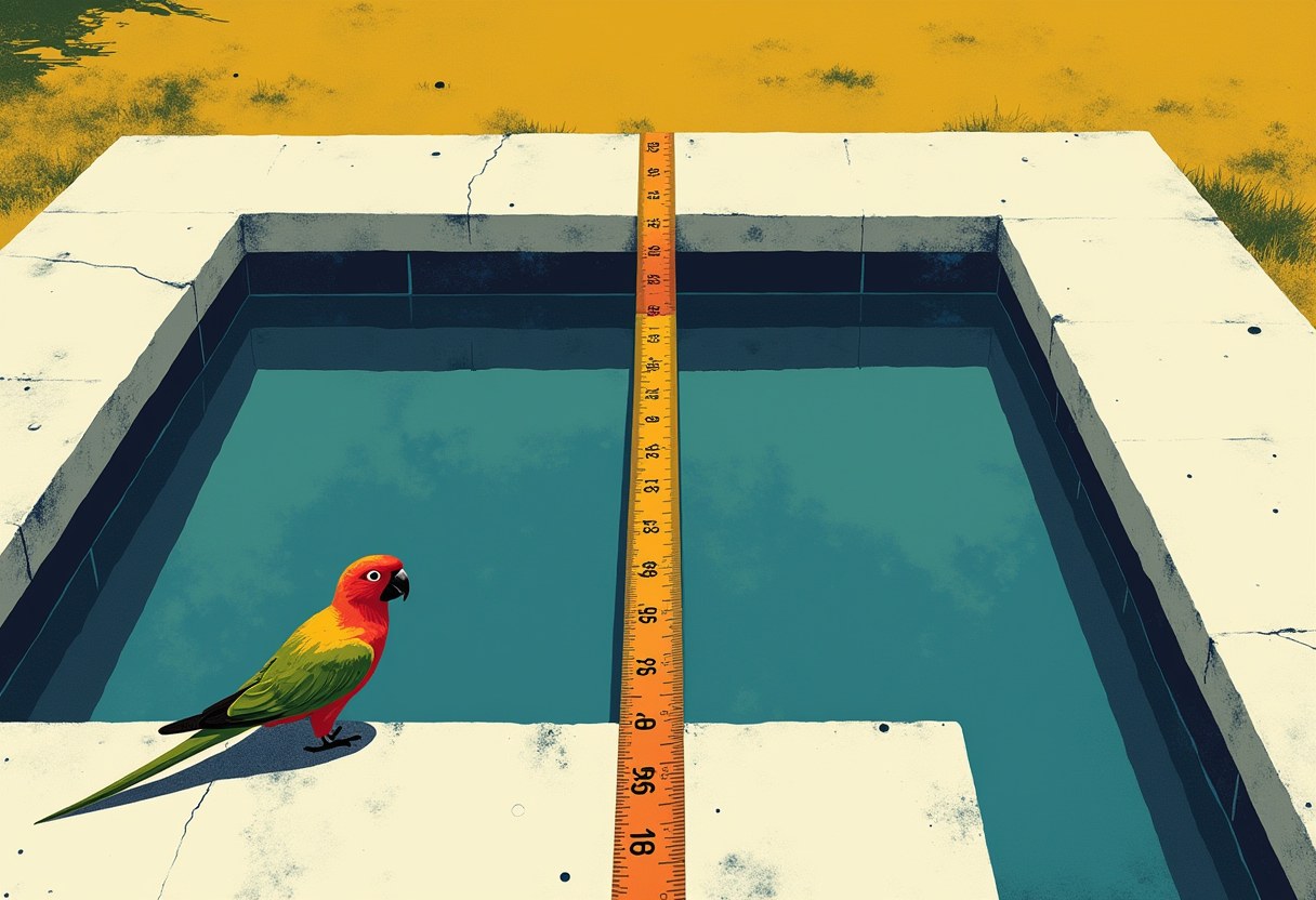 Editorial illustration: a shallow rectangular reflecting pool of teal-green, algae-tinged water, a long surveyor's measuring tape stretched taut across it with its numbers smeared illegible, and a single parrot perched on the pale stone rim in the foreground margin, watching the seam.
